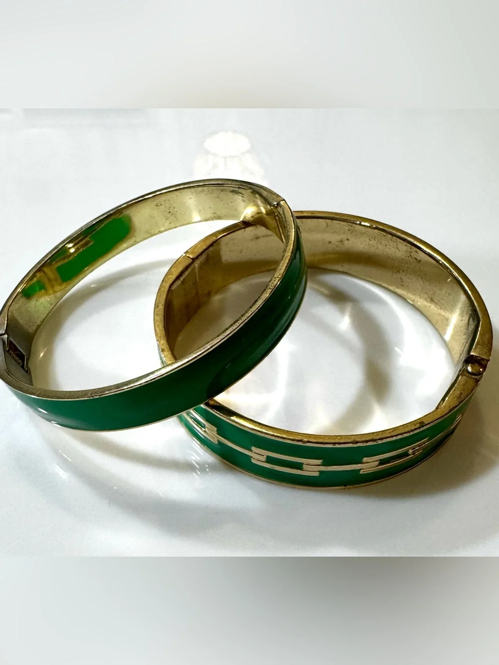 Green Enamel Gold Hinged Bangle Bracelet Set of 2 Kelly Green